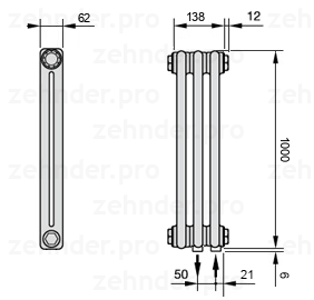 Схема (чертеж) Радиатор Zehnder Charleston 2100/3 №5510 Белый глянцевый RAL 9016